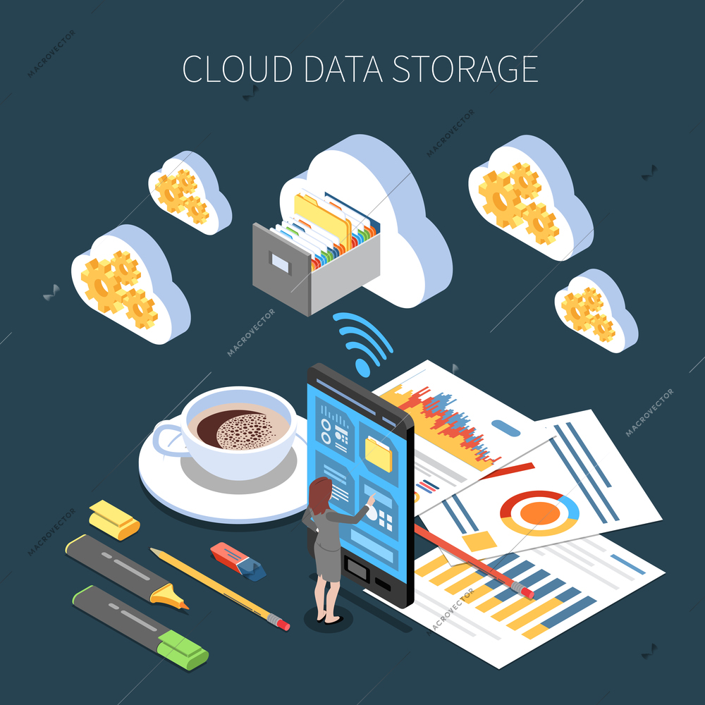 Cloud storage service isometric composition with saving of working information on dark background vector illustration