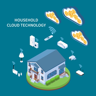 Household cloud technology isometric composition with residential building wifi appliances and devices blue green background vector illustration