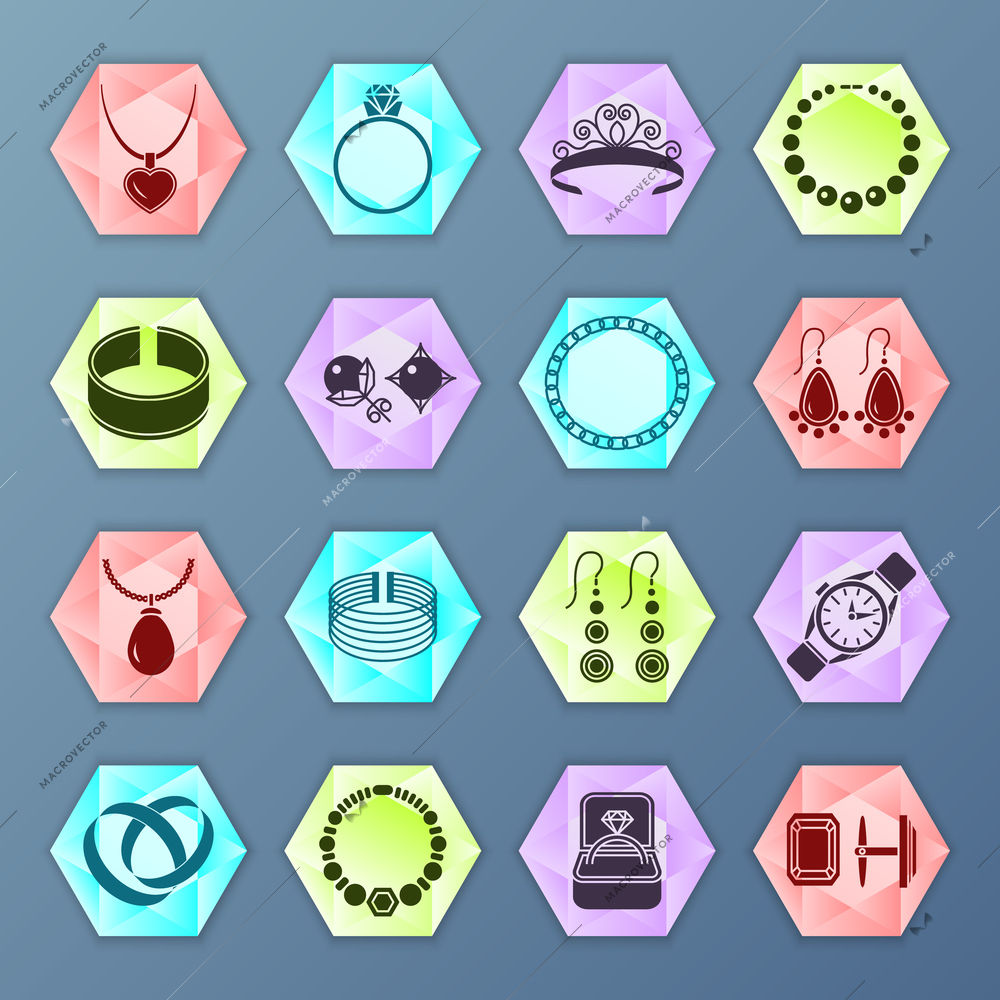 Jewelry accessories fashion hexagon icons set isolated vector illustration