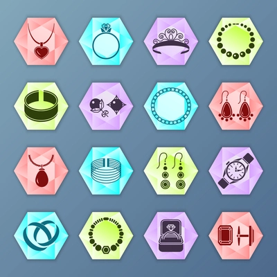 Jewelry accessories fashion hexagon icons set isolated vector illustration