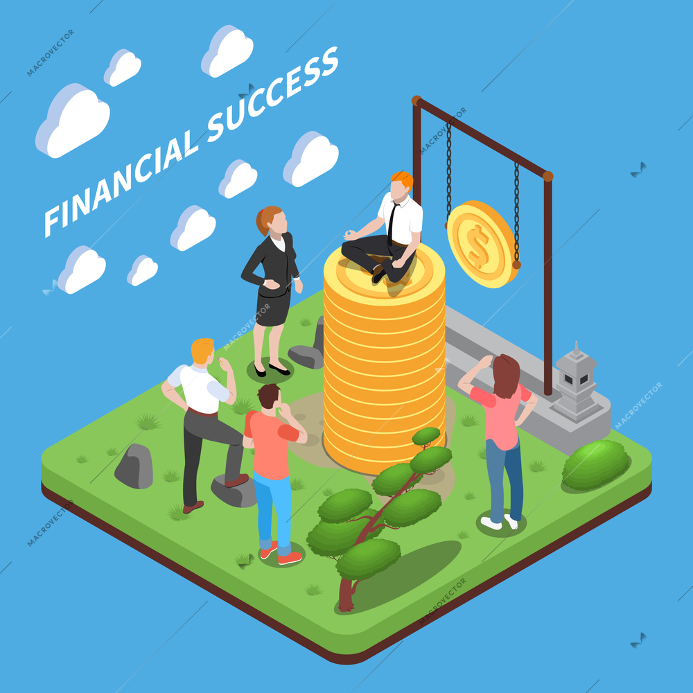 Financial success isometric composition human characters looking at man on top of heap of money vector illustration