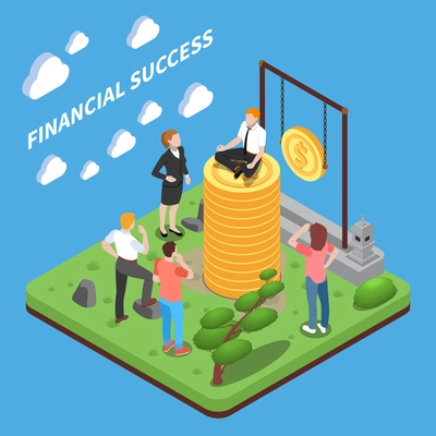 Financial success isometric composition human characters looking at man on top of heap of money vector illustration