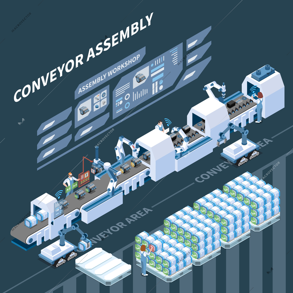 Smart assembly line with robotic equipment and augmented reality operations isometric composition on dark background vector illustration