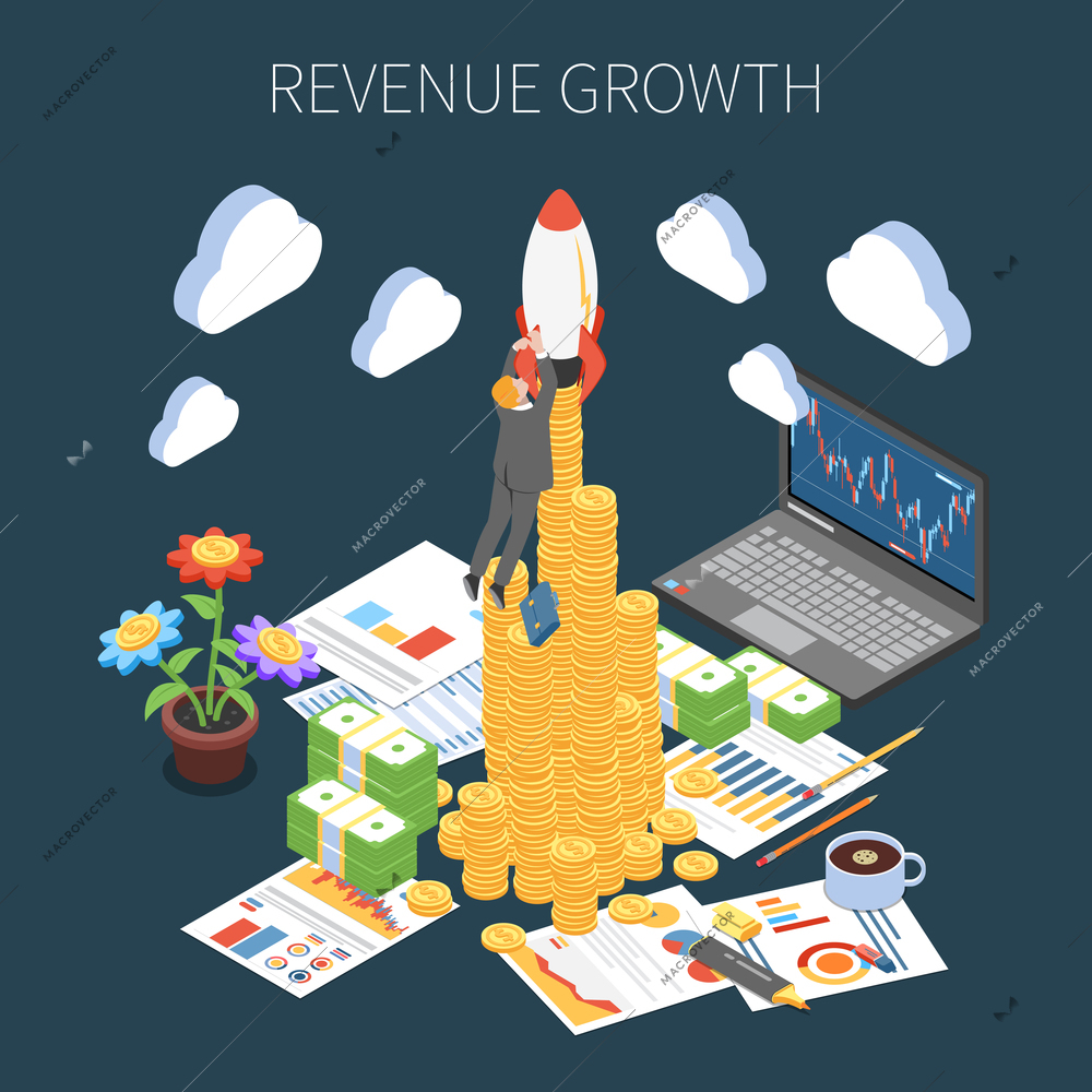 Revenue growth isometric composition increase of profit from successful start up project on dark background vector illustration