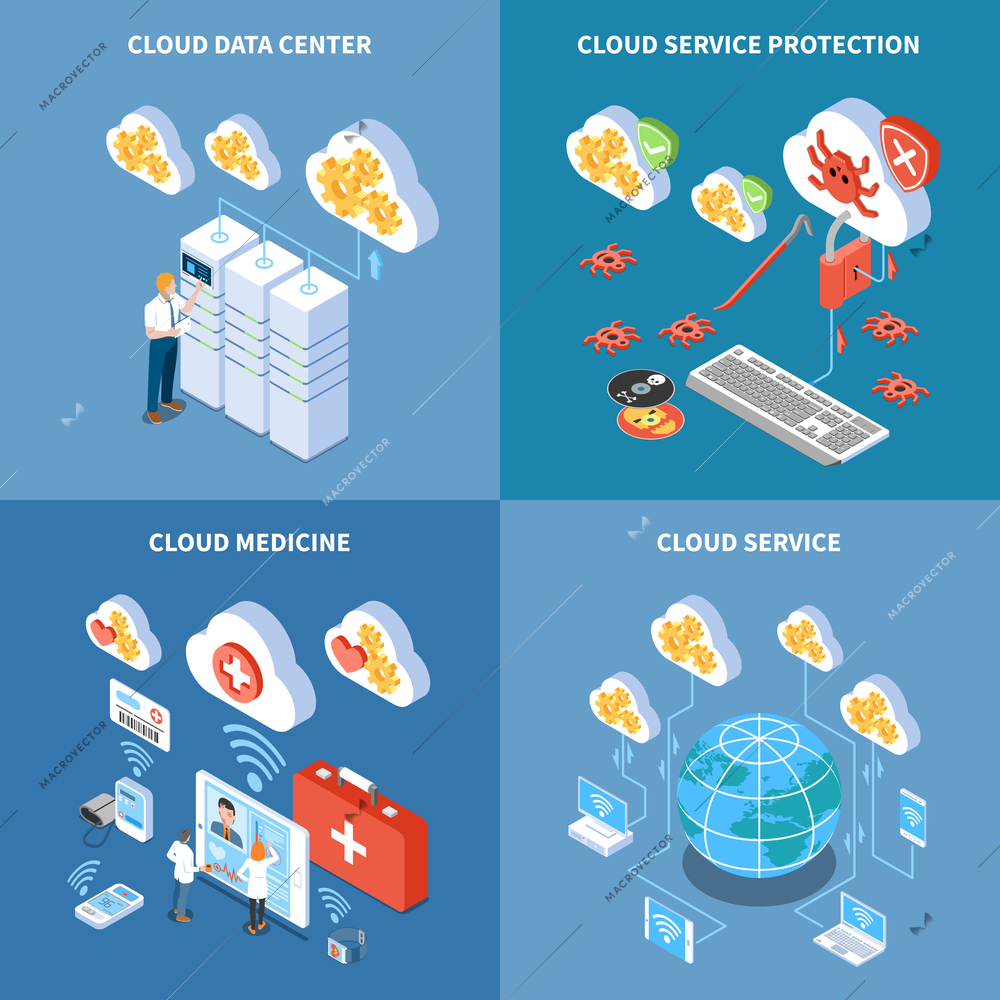 Cloud technology data center with security system storage of medicine information isometric design concept isolated vector illustration