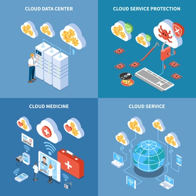 Cloud technology data center with security system storage of medicine information isometric design concept isolated vector illustration