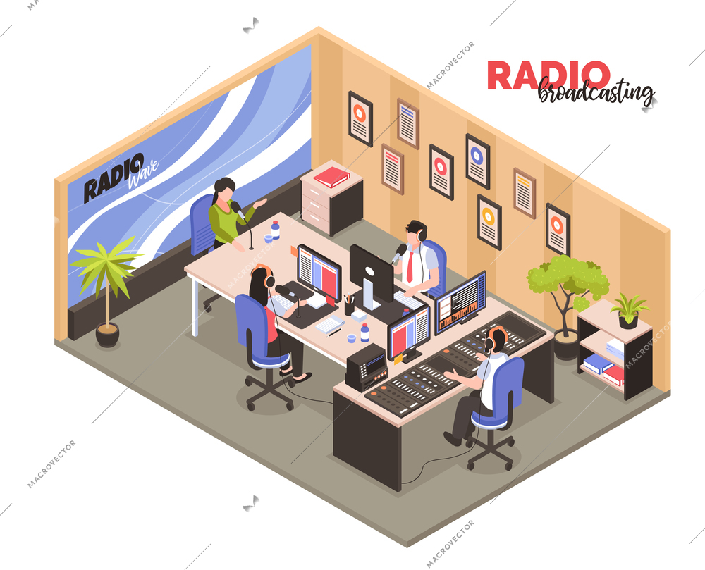 Radio broadcasting isometric vector illustration with employees in work interior participated in recording of radio programs