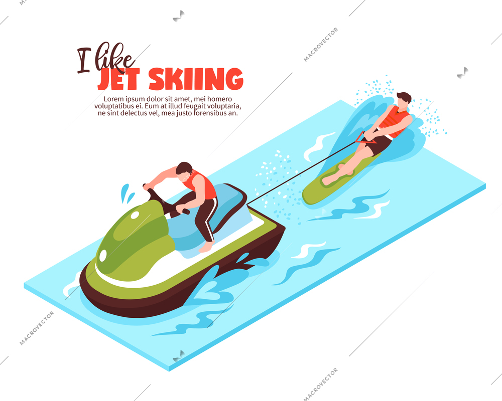 Extreme sport isometric design concept with towing boat and sportsman engaged in water skiing vector illustration