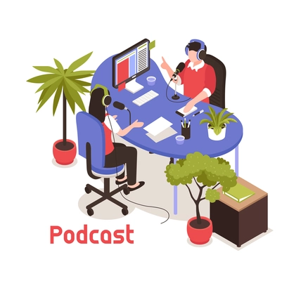 Podcast isometric design concept with two  bloggers recording soundtrack in studio vector illustration