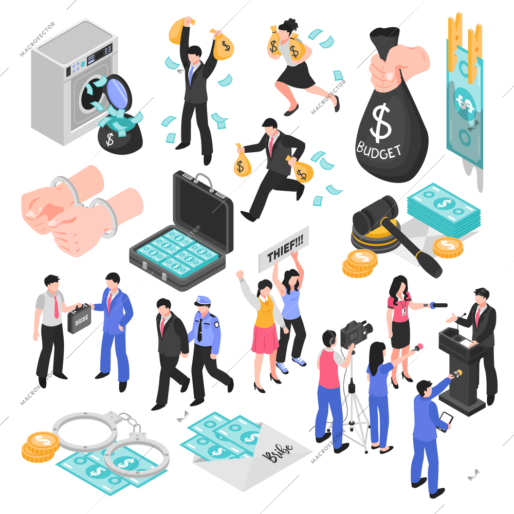 Corruption and dishonesty isometric set decorative icons representing corrupt judge business and politics embezzlement and bribery isolated vector illustration