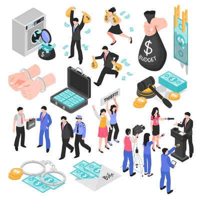 Corruption and dishonesty isometric set decorative icons representing corrupt judge business and politics embezzlement and bribery isolated vector illustration