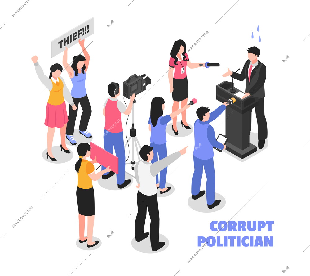 Corrupt politician white background with political thief speaking from tribune and protesting audience isometric vector illustration