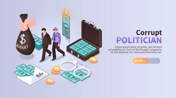 Corrupt politician horizontal banner with set of isometric icons illustrated laundering of budget money with following arrest vector illustration