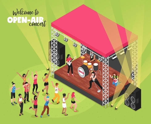 Outdoor music concert isometric vector illustration with rock band on stage and viewers in fan zone