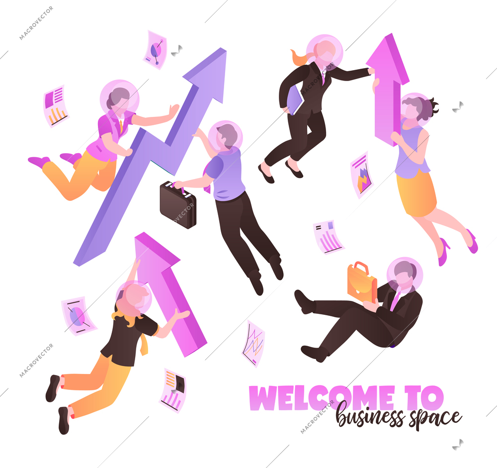 Welcome to business space white background with people holding briefcases and folders and flying  in zero gravity isometric vector illustration