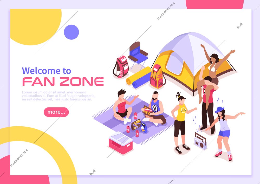 Open air music festival summer poster with invitation to visit fan zone isometric vector illustration