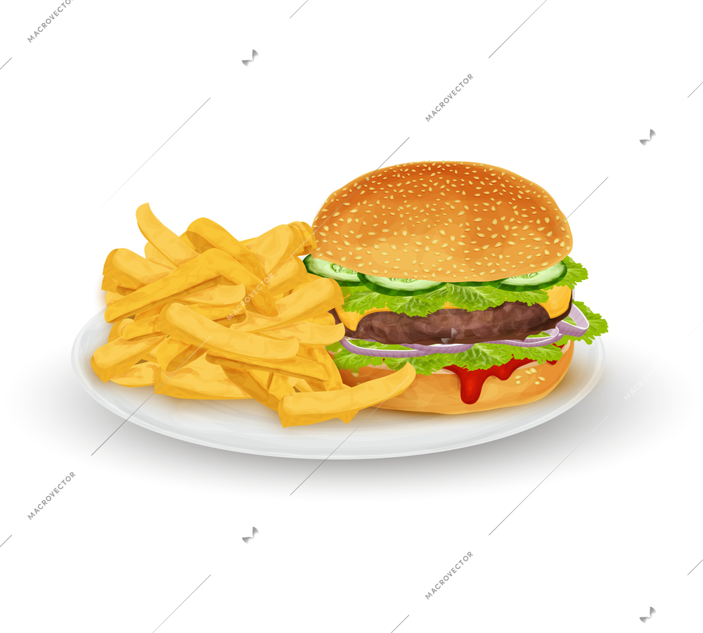 Hamburger sandwich with French fries on plate fast food isolated on white background vector illustration