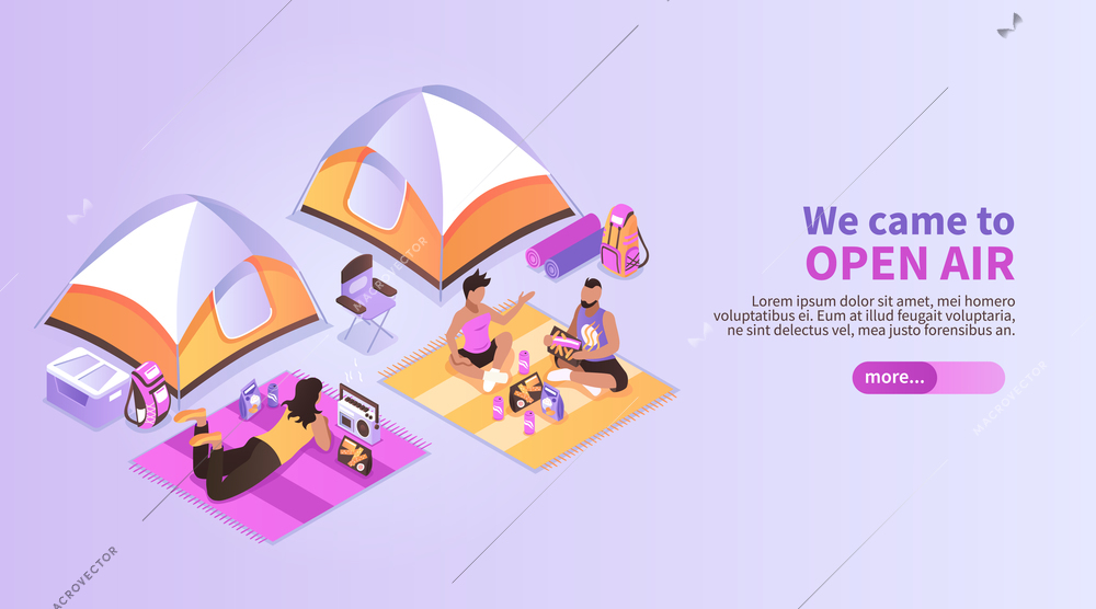 Summer music festival isometric background with people coming to open air listening music vector illustration