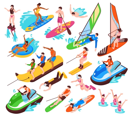 Isometric set of summer water active recreation so as banana boat surfing windsurfing jet skiing flyboarding isolated vector illustration