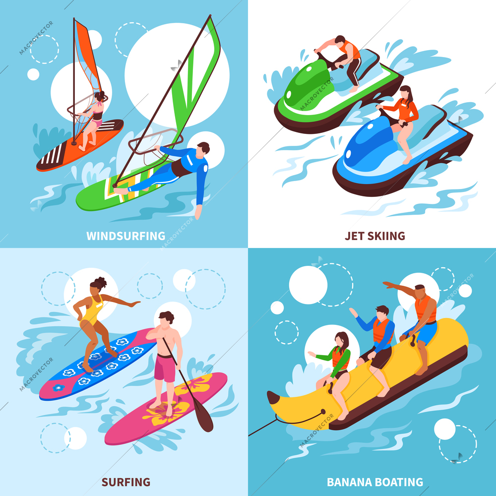 Water sport 2x2 design concept set of windsurfing jet skiing banana boating and surfing square icons isometric vector illustration