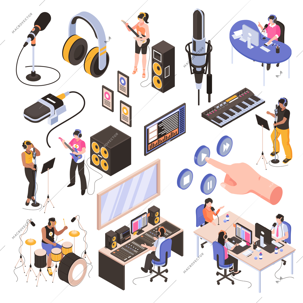 Audio studio isometric set with speakers in  radio room bloggers at work place and musicians recording song isolated vector illustration