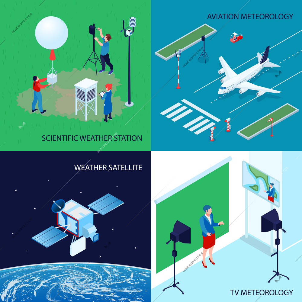 Four squares isometric meteorological weather center design concept with scientific weather station tv and aviation meteorology vector illustration