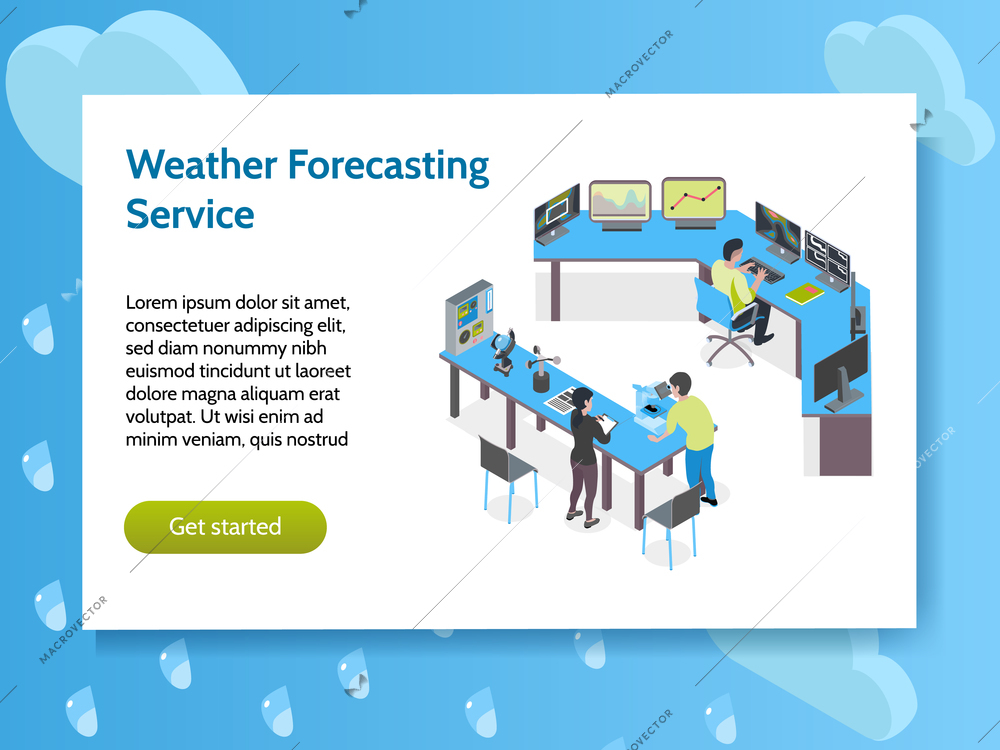 Isometric meteorological weather center concept banner with weather forecasting service headline and get started button vector illustration