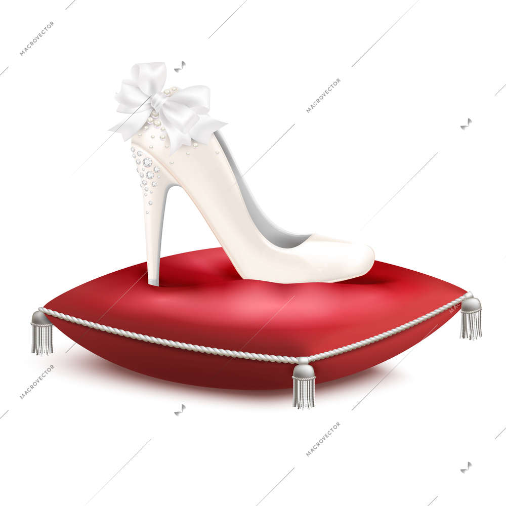 White decorated high heel wedding princess party bridal shoe on red satin pillow realistic composition vector illustration