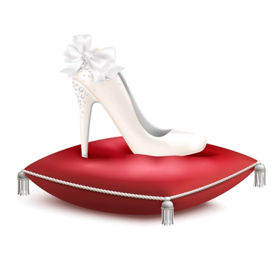 White decorated high heel wedding princess party bridal shoe on red satin pillow realistic composition vector illustration