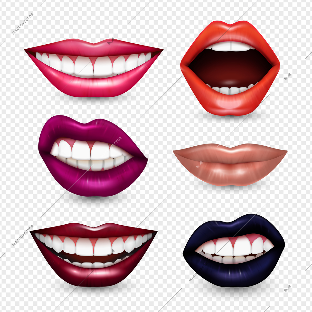 Mouth expressions lips body language  realistic set with bright drawing attention lipstick colors transparent background vector illustration