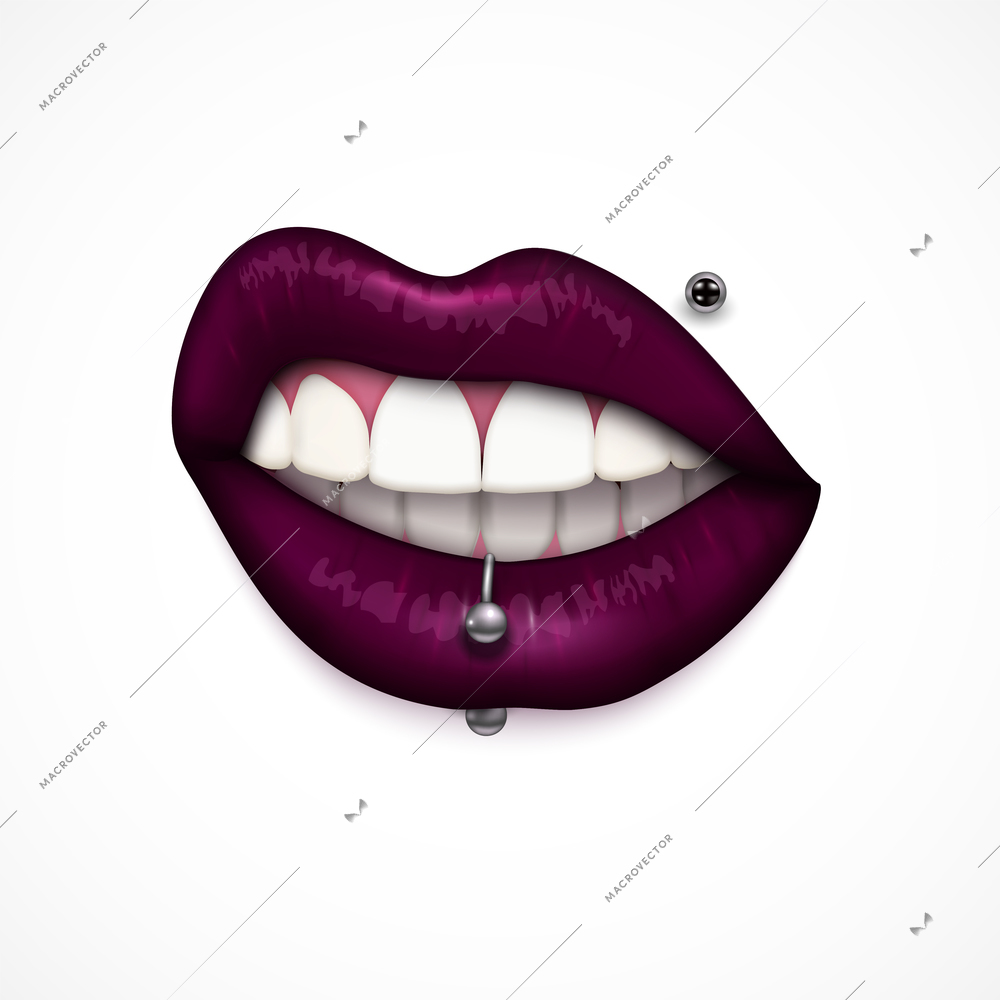 Mouth expression with dark gloss sensual lipstick color makeup and lip piercing realistic closeup image vector illustration