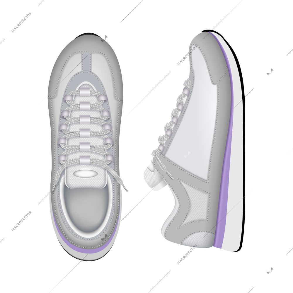 Sport training running sneakers trendy white tennis shoes top and side closeup view realistic composition vector illustration