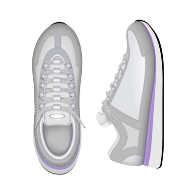 Sport training running sneakers trendy white tennis shoes top and side closeup view realistic composition vector illustration