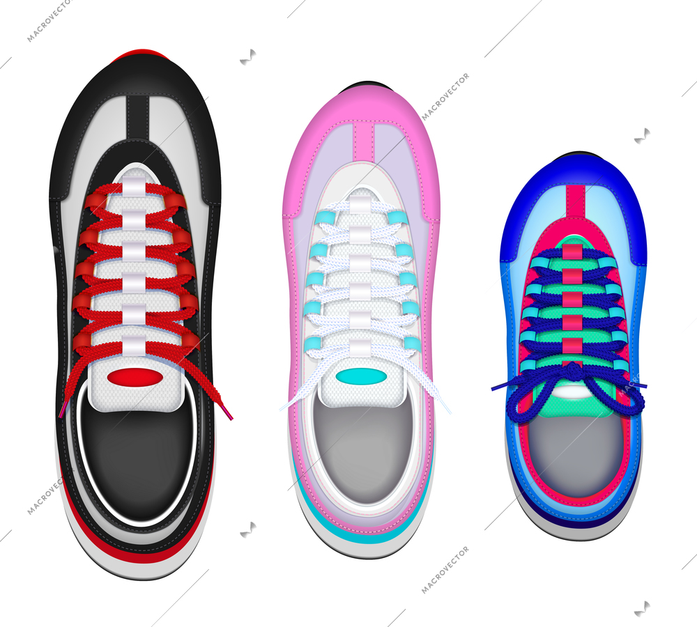 Colorful family sport shoes realistic top view set with father mother kid left foot sneaker vector illustration