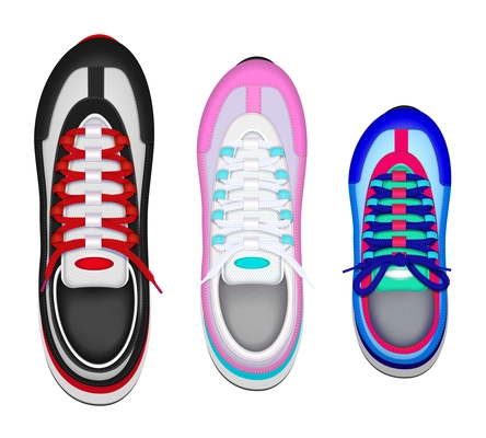 Colorful family sport shoes realistic top view set with father mother kid left foot sneaker vector illustration