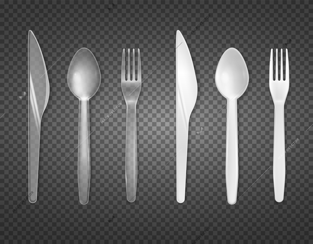 Disposable cutlery from clear and white plastic top view realistic tableware set transparent background isolated vector illustration