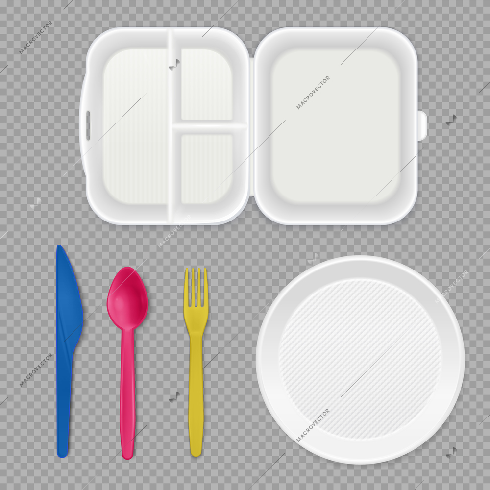 Disposable white plastic plate lunchbox and colorful cutlery top view realistic tableware set transparent background vector illustration