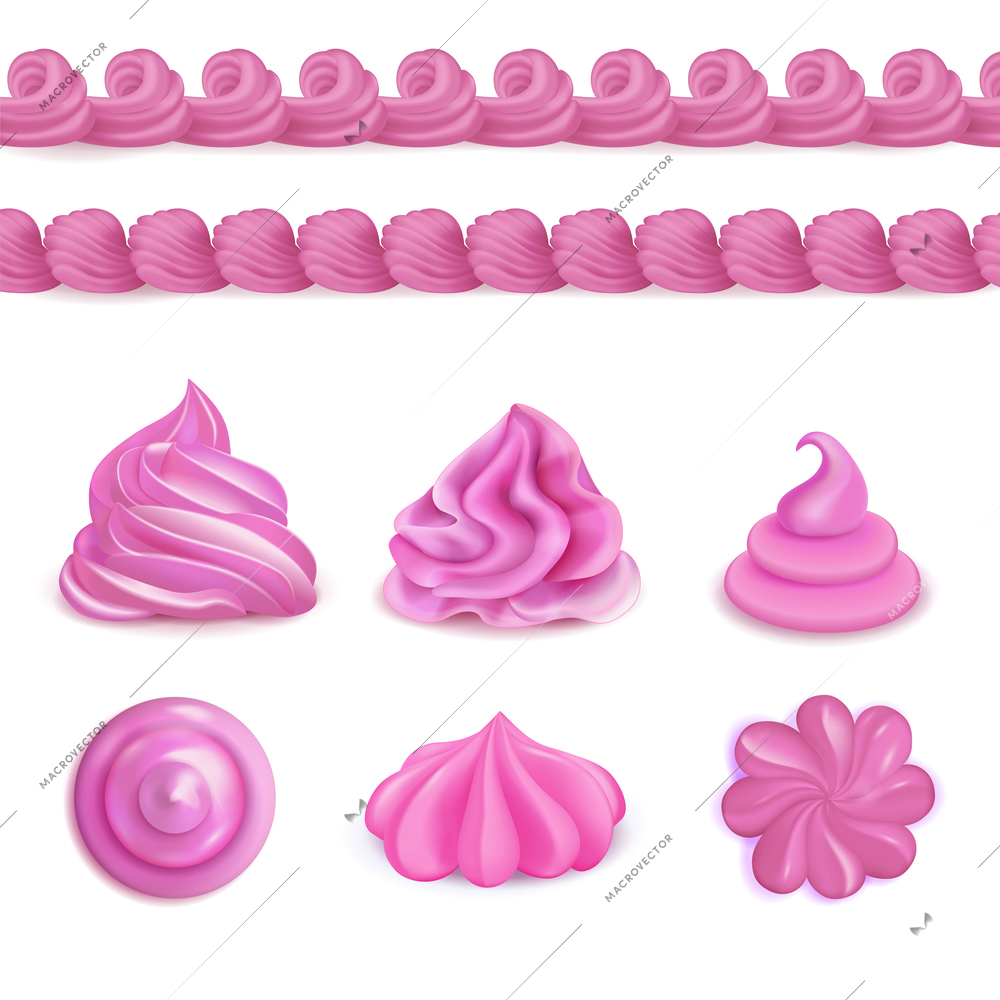 Whipped pink cream dessert decorations top side views realistic set with seamless border and swirls vector illustration