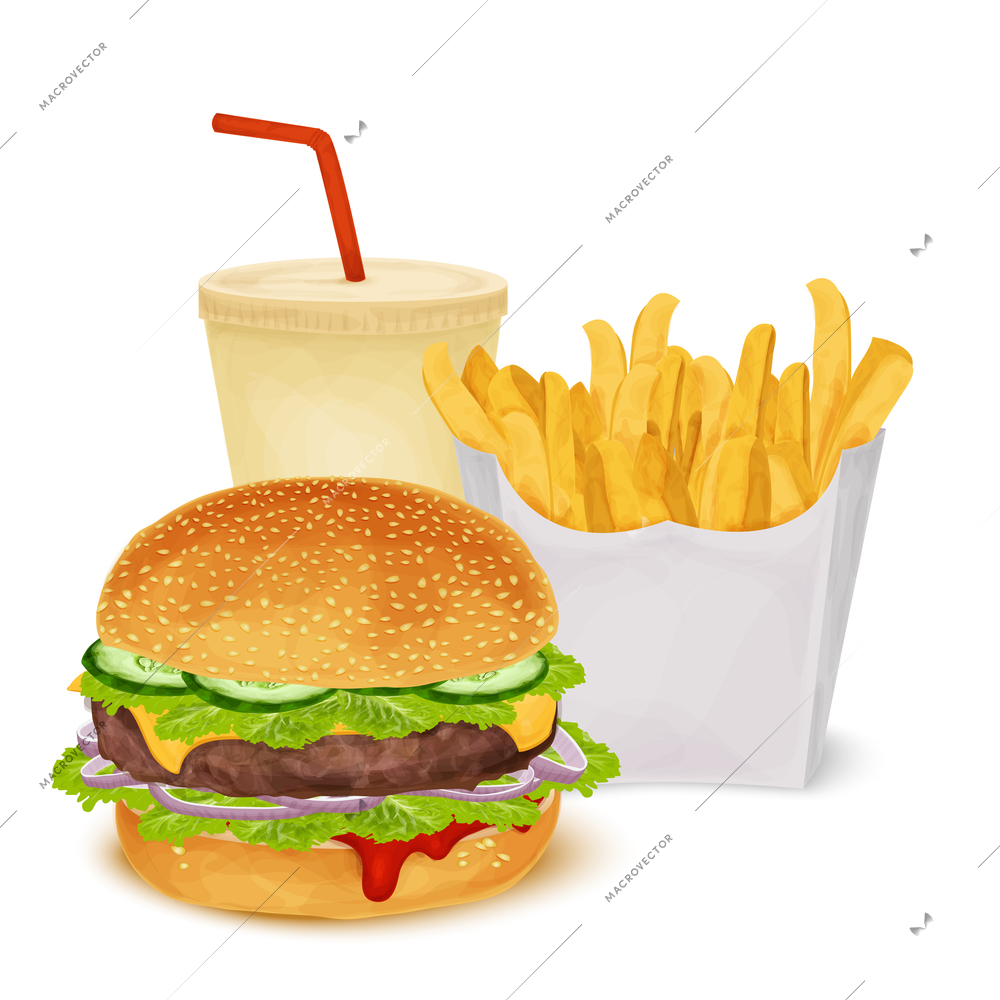 Fast food set of hamburger French fries and drink isolated on white background vector illustration