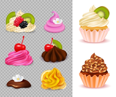 Cupcake constructor with various appetizing toppings set on transparent background and 2 ready desserts realistic vector illustration