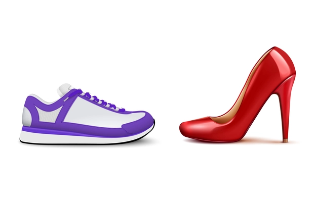 Sneakers vs high heels realistic composition showing growing popularity of woman comfortable casual footwear vector illustration