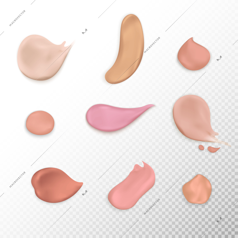 Cosmetic concealer smear strokes tone cream foundation smudges range of colors on transparent background realistic vector illustration