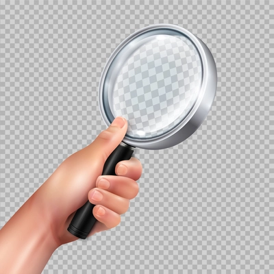 Classic magnifying glass round metal frame in human hand against transparent background closeup image realistic vector illustration