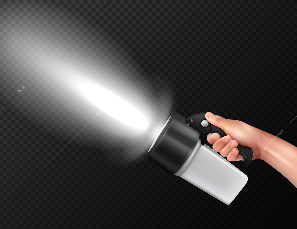 Modern powerful high lumen handheld torch flashlight in hand realistic composition against dark transparent background vector illustration