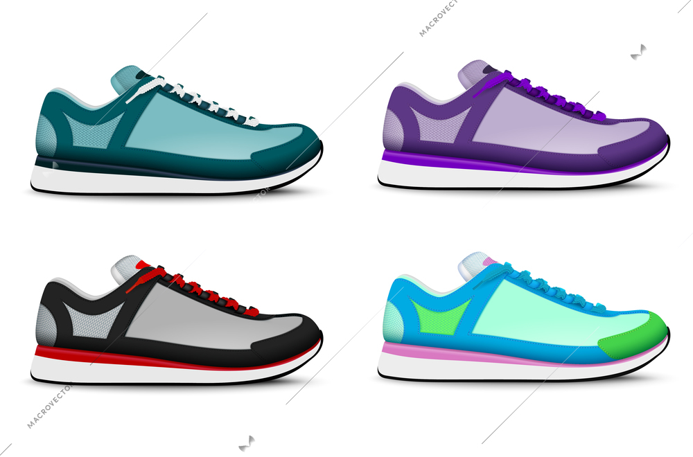 Colorful trendy sport training running tennis shoes realistic set of 4 right foot sneakers isolated vector illustration