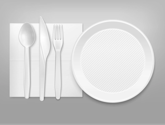 Disposable white plastic plate cutlery knife fork spoon on napkin top view realistic tableware set vector illustration