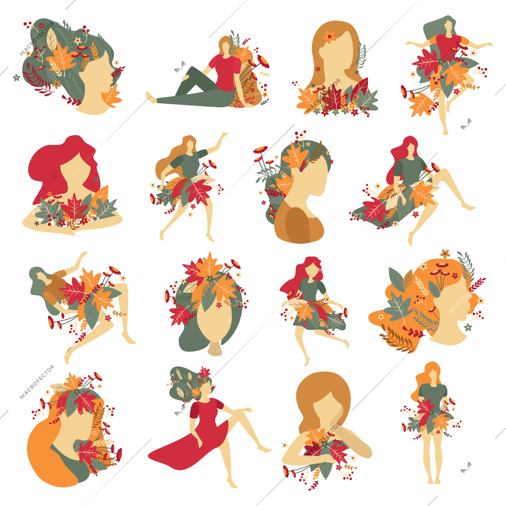 Portraits of girls with decorations from autumn flowers and leaves set of flat icons isolated vector illustration