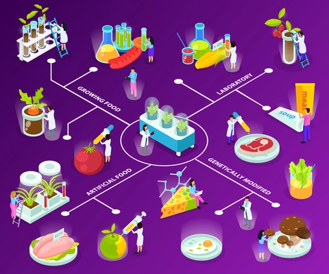 Artificial food isometric flowchart with scientists during experiments with eating ingredients on purple background vector illustration