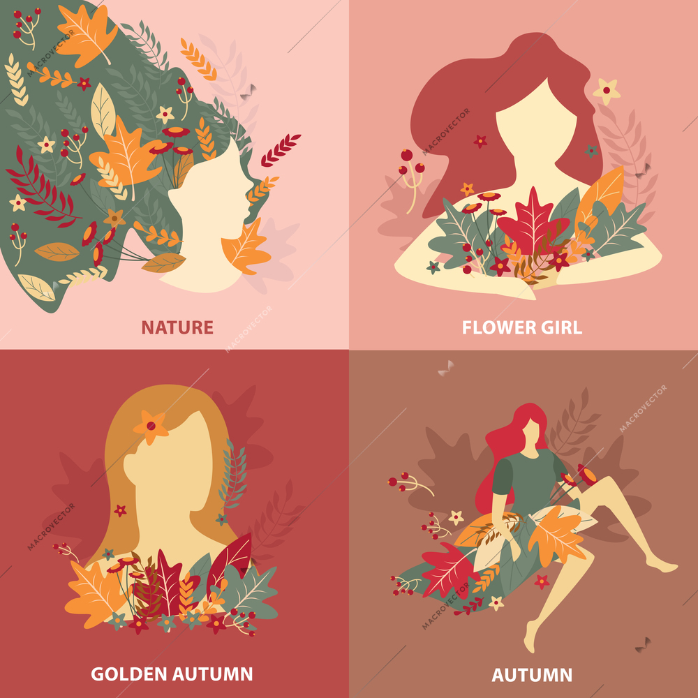 Beauty of autumn nature girls with fall flowers and leaves flat design concept isolated vector illustration