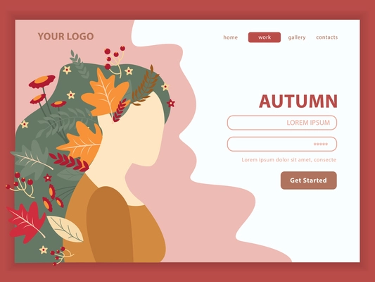 Autumn nature girl with flowers and leaves in hair landing page with user account interface vector illustration